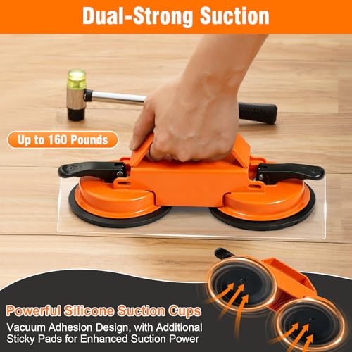 Floor Gap Fixer Tool, Dual 45°Striking Surface Floor Gap Repair Tool, Heavy Duty Suction Cup Plank Grabber with Acrylic Sticky Pads & Hammer for Laminate Vinyl Flooring — view 6