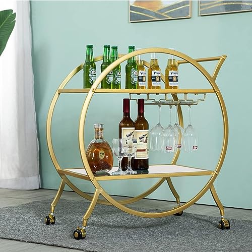 Image of Dcor Serving Trolley with 2 Metal Handles, Modern Wine Cart on Wheels, Round Mobile Trolley with 2 Tier Shelves for Kitchen Decoration, Liqueur, Cocktail (1)