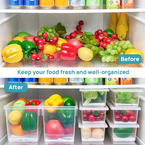 Image of Fridge Storage Containers TEKCOOL (Pack of 8), Fridge Organiser Storage Boxes with Removable Drain Plate, Lids, Stackable Organizer, Fridge Storage Box Keep Fruits, Vegetables Fresher, 1500 ML'