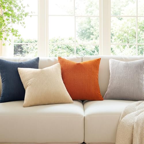 Image of Topfinel 20x20 Set of 4 Boho Couch Throw Pillows Decorative Velvet Pillow Covers for Bed Accent Nordic Corduroy Pillowcase Sofa Living Room Home Decor Blue and Yellow