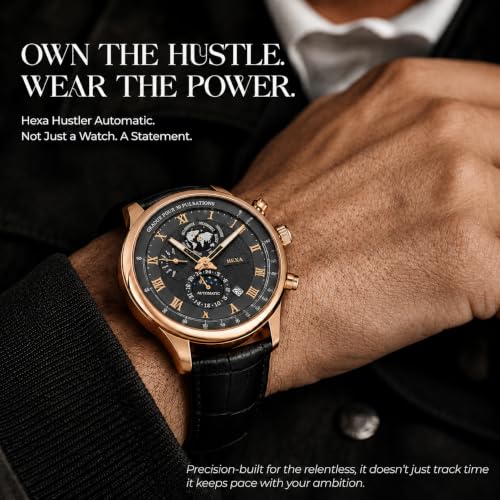 Image of Hexa Hustler Automatic Mechanical Watch for Men | Multifunction Analog Black Dial | Leather Strap | 45mm Round Case | Mineral Glass | 3ATM Water Resistant Luxury Watch