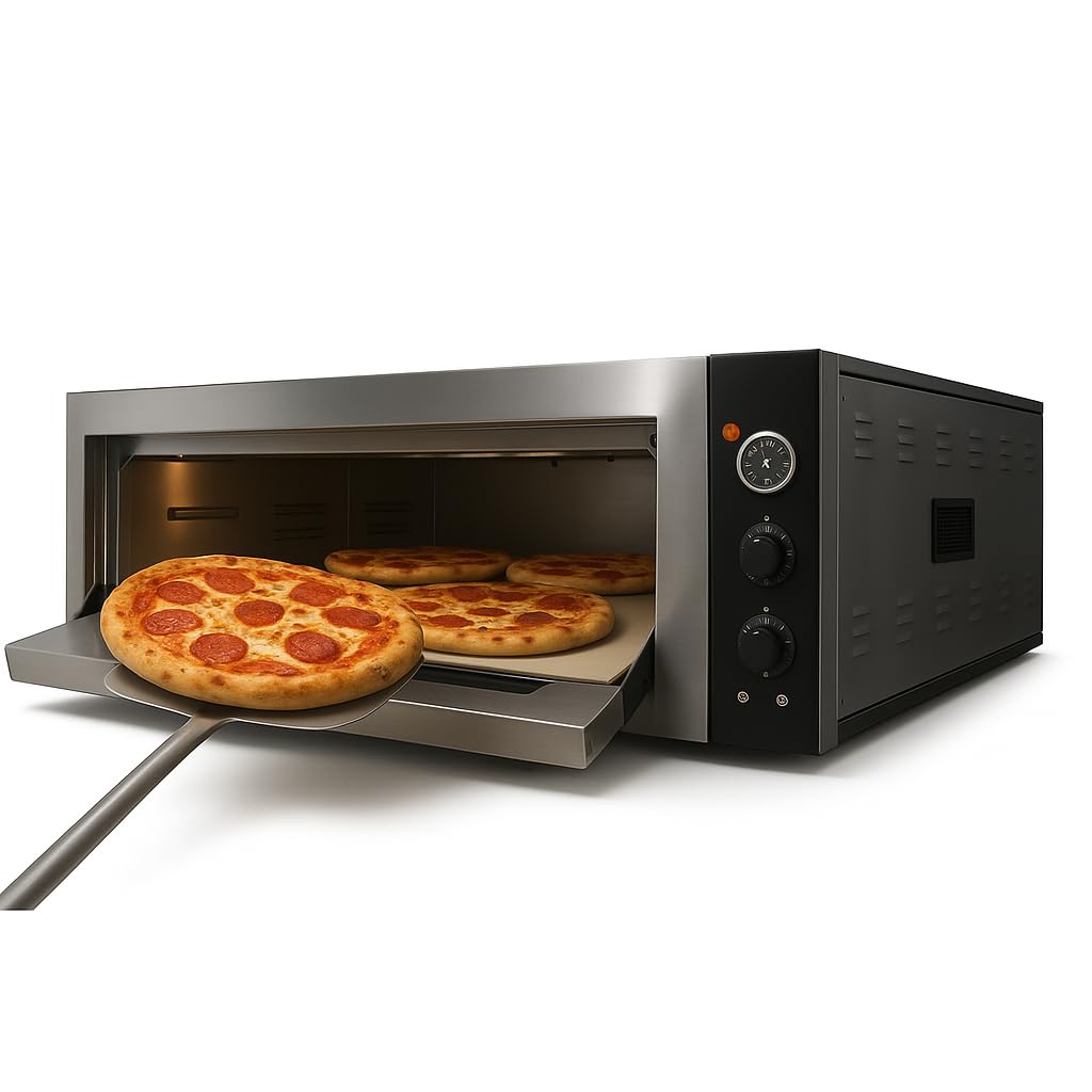 Forno per pizza elettrico professionale – 4 x Ø 33 cm – 4,7 kW – Temperatura fino a 450°C – Porta vetrata – Termostato manuale