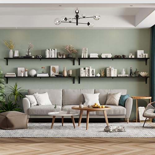 Image of 12 Inch Deep Floating Shelves Set of 4, 60 Inch Extra Wide Black Solid Wood Wall Shelves, 5ft Heavy Duty Farmhouse Wall Mounted Shelving for Kitchen, Living Room & Bedroom