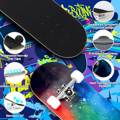 Image of Skateboards for Beginners Adults Youths Teens Kids Girls Boys 31 Inch Pro Complete Skate Boards 7 Layer Canadian Maple Double Kick Concave Longboards