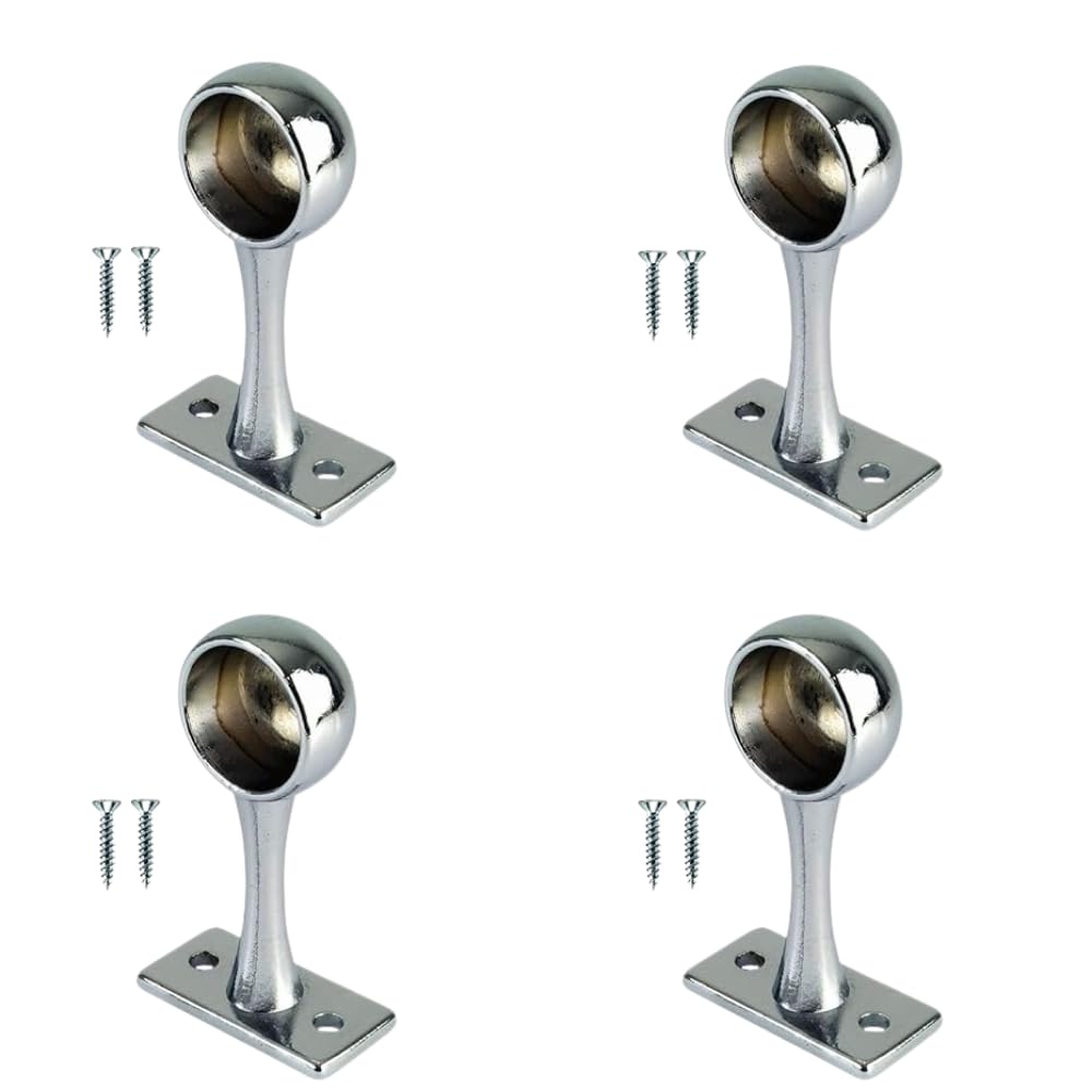 Polished Chrome Curtain Pole End Bracket for Up to 25mm Stainless Steel Flange Rod Holder Pole Sockets with Screws for Wardrobe Shower Curtain & Storage Rod Pack of 4