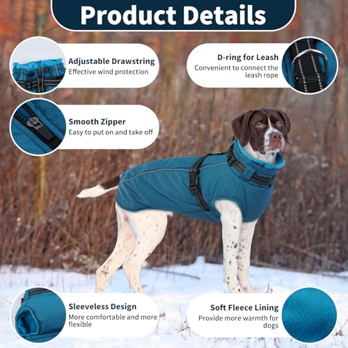 Lelepet Hundemantel für den Winter, Warme Hundejacke mit integriertem Geschirr, Winddicht Mantel mit Fleece Gefüttert für Hunde, Reflektierende Hundeweste für Kaltes Wetter, Blau XL