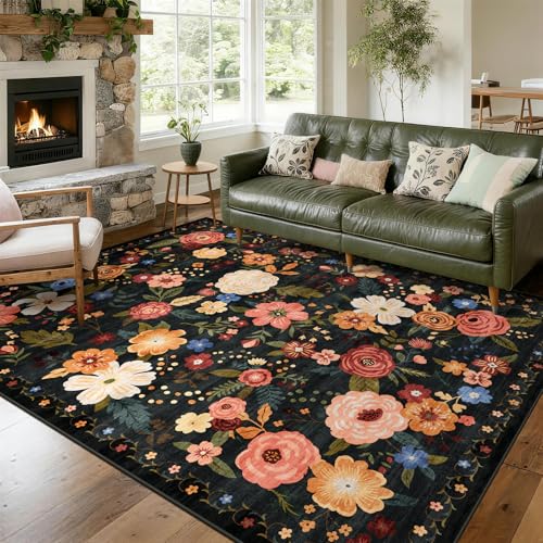 8x10 Washable Area Rug Black Boho Floral for Living Room Bedroom Nursery