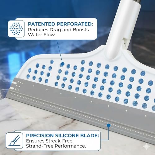 Image of Floor Wiper with Silicone Blade Magic Broom Water Squeegee for Bathroom Tile Marble Glass Walls Balcony Mirrors Floors Carpet Cleaning180Swivel Head Adjustable Long Handle Multipurpose Cleaning wiper