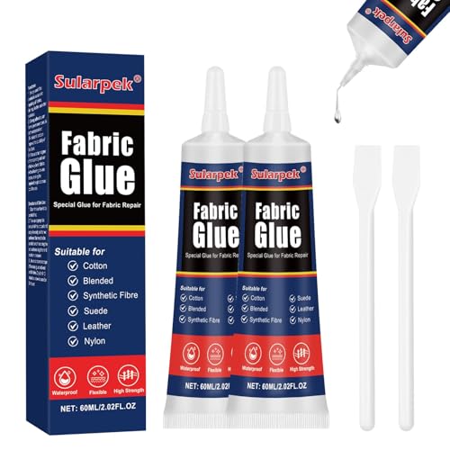 Sularpek Pegamento Textil, 2 * 60 ML Pegamento Cuero, Transparente Pegamento para Tela, Lavable a Máquina Pegamento Ropa, Pegamento Tela para Bolsos de Cuero, Cinturones, Ropa, Sofá, Secado Rápido