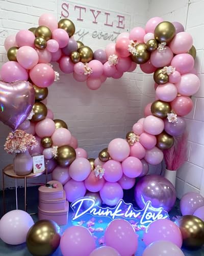 Image of Metallic Hot Pink Magenta Purple Bonfetti Balloons - 12 Inch Pink Heart Balloons for Girls Princess Happy Birthday Party Decorations Baby Shower