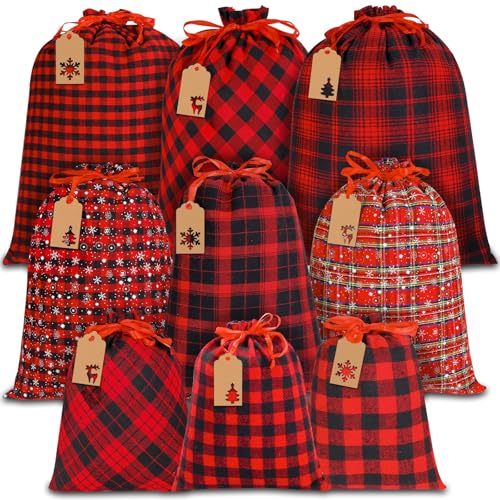 9Pcs Christmas Drawstring Gift Bags Xmas Buffalo Plaid Wrapping Bags