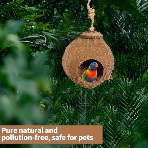 Gecko Coconut Husk Hut, Natural Coconut Shell Bird Nest Hanging Loop Reptile Hideouts Bird Hut Nesting House for Pet Parrot Leopard Gecko Reptiles - Image 5