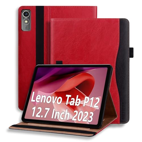 ONETHEFUL Case for Lenovo Tab P12 12.7 Inch Tablet Premium PU Leather Folding Stand Protective Case with Pen Holder and Document Slots, Lenovo Tab P12 2023 TB370FU Car Sleep/Wake Red
