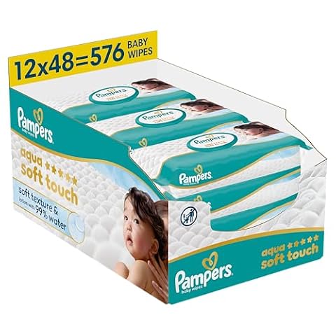 Pampers Aqua Soft Touch Chusteczki Nawilżane Dla Dzieci, 12 Opakowania po 48 Chusteczek = 576 szt., Miękka Faktura i Balsam Składający Się W 99% Z Wody
