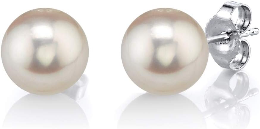 THE PEARL SOURCE 14K Gold 6.5-7.0mm Round White Freshwater Cultured Pearl Stud Earrings for Women