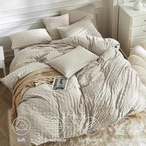 Image of JELLYMONI Beige Duvet Cover Queen Size, 3pcs Washed Microfiber Bedding Set, Soft Breathable Seersucker Duvet Cover Set with Zipper Closure and Corner Ties for All Seasons