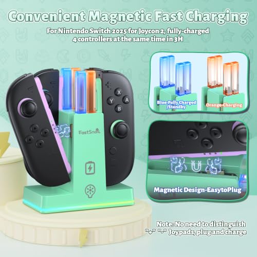 Image of FASTSNAIL Switch 2 Controller Charger Dock for Nintendo Switch 2 for JoyCon | 4-in-1 Fast Switch 2 Joypad Charging Dock Station, 9 RGB Light, Dual-Direction Magnetic Stand for Joycon 2 Accessories, Green