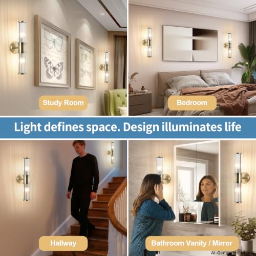 Image of Modern Vanity Light Fixture, Brushed Bronze Wall Sconce with Glass Rod Shades, 2-Light Bathroom Mirror Lighting for Bronze Bathroom Light Fixture & Makeup Application (Bulbs Not Included)