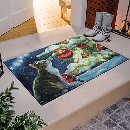Chichic Christmas Door Mat Christmas Welcome Mat Outdoor Indoor 18X29 Inch Front Door Outside Inside Doormat For Holiday Home Entrance Entryway Floor Mat Non Slip, Christmas Decorations, Snow Tree Cat #TOP6