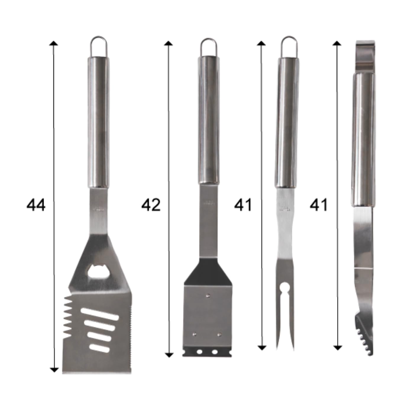 Little Balance 3081 Baroud'Fire, Kit Barbecue 4 utensili: Pinza, Forchetta, Spatola, Spazzola, per il giardino, in campeggio, escursionismo, vacanze. Set barbecue con valigetta portatile, tutto INOX