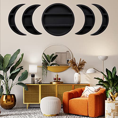 Jcld&Yo9 Moon Phase Shelf Set Black Moon Shelf Crescent Floating Shelves,Bed Sofa Wall Decor Storage Rack,Office Decorative 5 Pieces Gift #TOP4