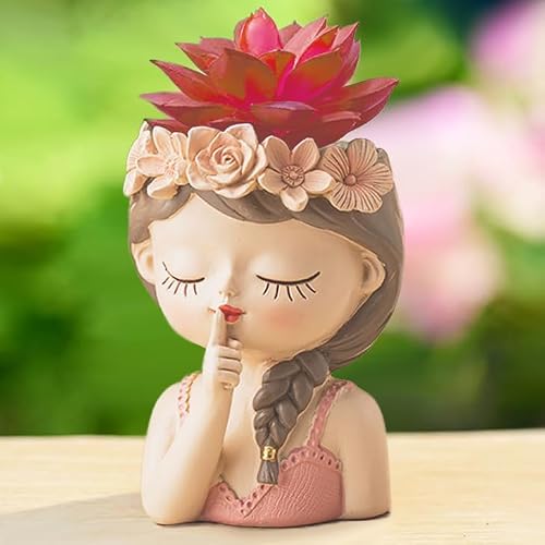 Snowy sunday Small Fairy Succulent Plant Pot with Drainage Hole 4inch Indoor Cactus Pot Unique Cute Flower Pot with Girl Face Container Planter Home Office Desk Garden Gifts Idea for Women