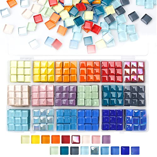 900 pcs 2.2LB Glass Mosaic Tiles, 18 Colors 10mm Pieces with Storage Box, Transparent Tiles for Crafts Bulk, Supplies Home Decoration, Art (fu-050)