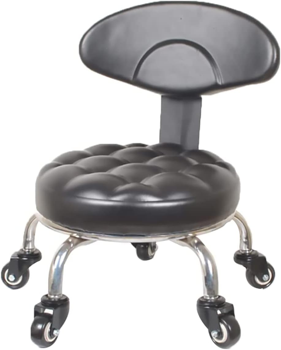 Low Roller Seat Stool with Backrest - 360° Rotating, Leather Cushion - Ideal for Garage Shop, Home Office - Movable Low Height Rolling Chair (Black)