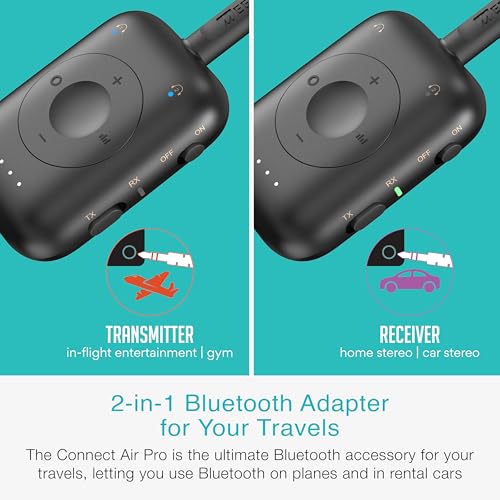 MEE audio Connect Air Pro Bluetooth Wireless Audio Transmitter & Receiver for AirPods or Bluetooth Headphones, 2-in-1 Adapter with Detachable Cable 3.5mm Aux Audio Jack for Airplanes, Auto, Gym, Black