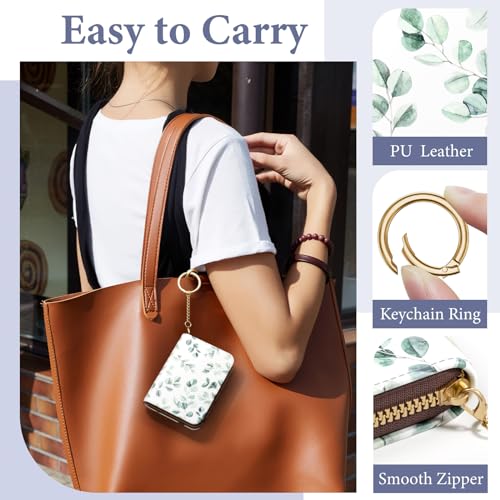 Image of Credit Card Holder RFID Wallet for Women, Small Leather Card Organizer Case with Zipper and Keychain, Leaf