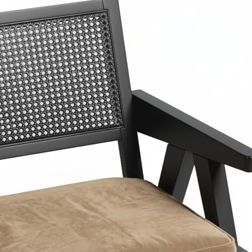Image of Kingsman Furnitures ABEL Rattan Teak Wood Accent Arm Chair for Home Bedroom, Living, Dining, Drawing Room | Ultra Soft and Comfortable for Stress Free | Removable Cushion (Black Cane- Beige Velvet)