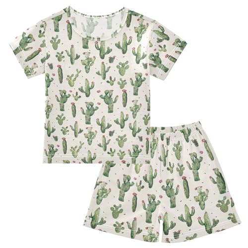 ALAZA Cute Cactus Pajama Set Short Sleeve Sleepwear Soft Lounge Nightwear