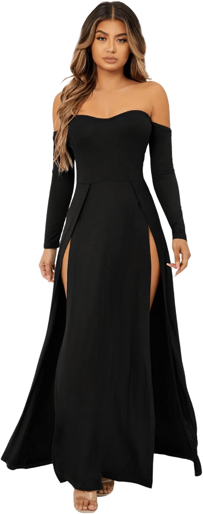 Women's Elegant Off Shoulder Double High Slit Long Sleeve Dress A Line Maxi Dresses