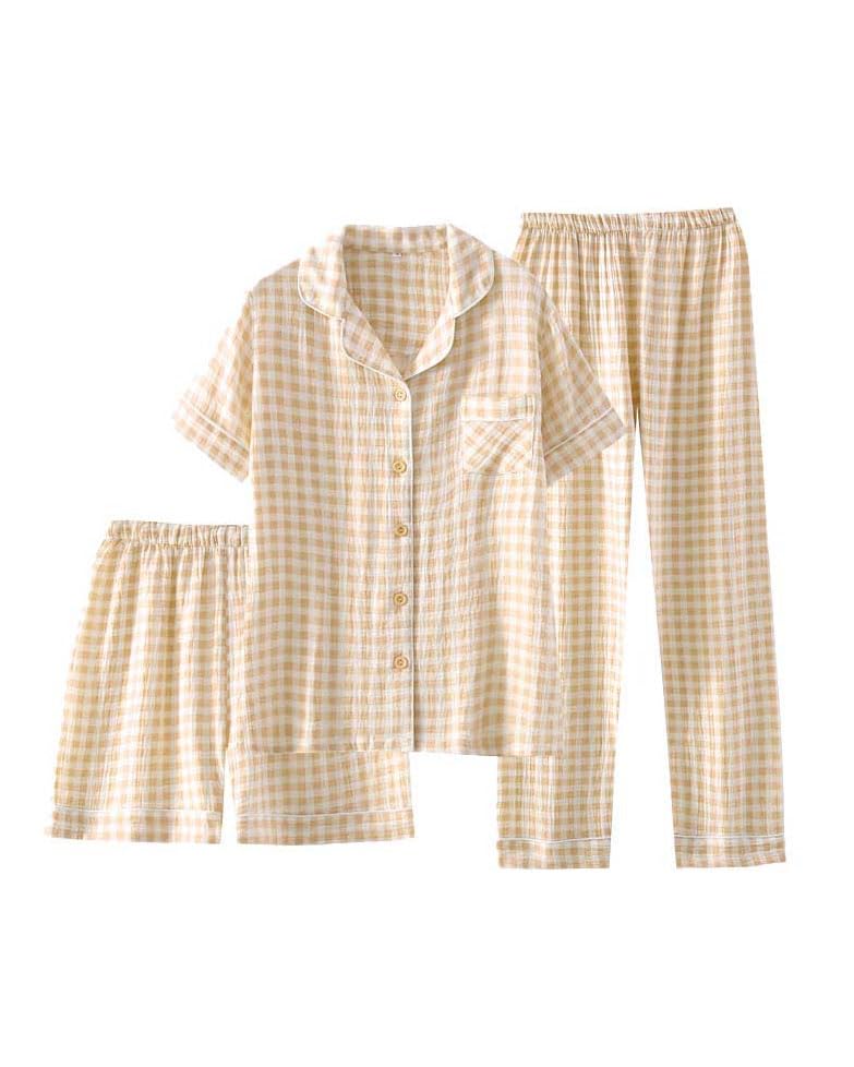 Image of codcm Womens Cotton Pajama Sets Plaid Short Sleeve Button Down Sleepwear Ankle Pants 3 Piece Gingham Pj Set