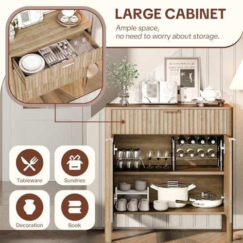 Image of Fluted Buffet Cabinet Accent with Doors & Drawer 31 inch Oak | Anti-tipping Design, Scratch & Water-resistant, Pre-drilled Easy Assembly Versatile for Kitchen, Entryway & Living Room