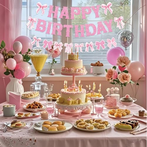 Image of Pink Bow Happy Birthday Banner for Coquette Party Decorations Bow Garland Bunting for Girls Party Decor Favor Supplies
