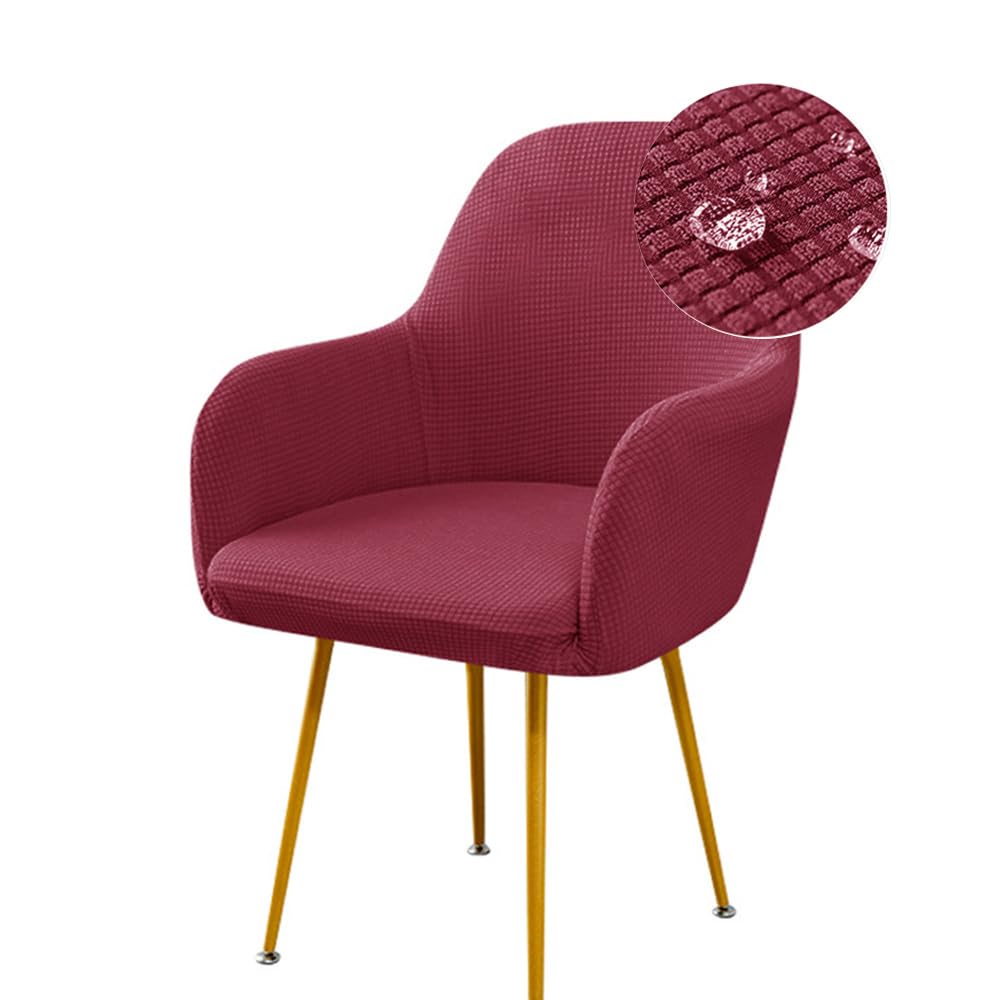 Highdi Stretch Dining Chair Covers Waterproof Jacquard Curved Back Chair Slipcovers with Armrest, Vanity Swivel Armchair Cover Removable Washable for Bedroom Party Hotel (1 PC,Burgundy)