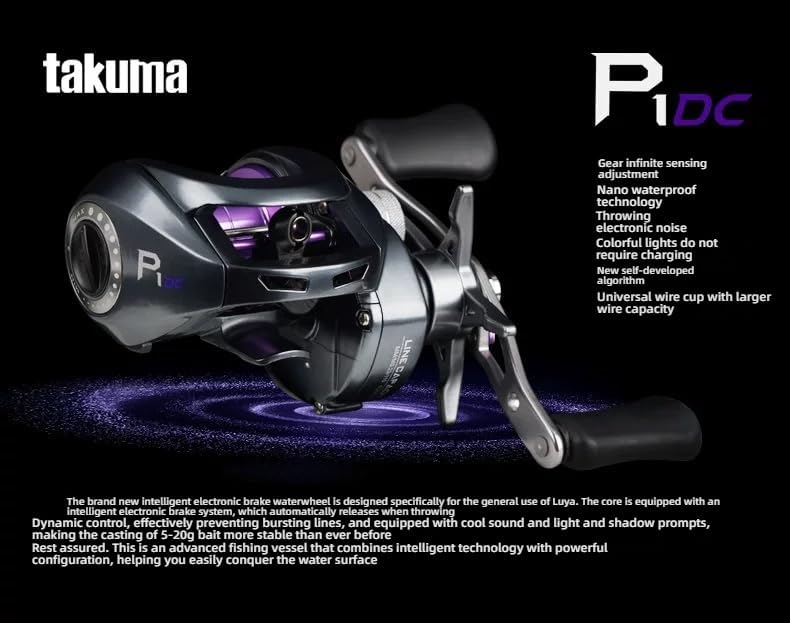 Infographic displaying the Takuma P1DC reel's product parameters including number of bearings, speed ratio, braking force, capacity, and total weight.