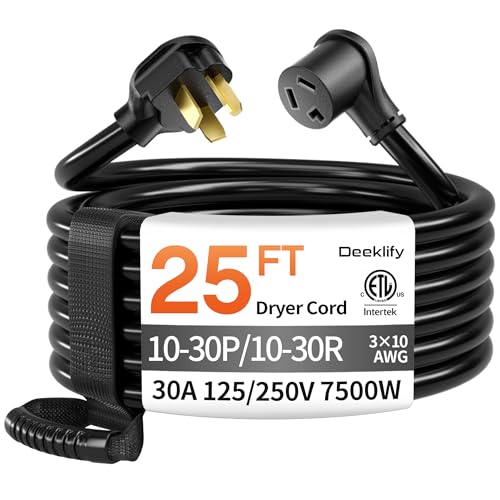 Deeklify 25 FT 3 Prong Dryer Extension Cord Outdoor Black 30 AMP 10/3 Gauge Heavy Duty NEMA 10-30P to 10-30R Waterproof SRDT Jacket ETL Listed for 3 Prong Dryers