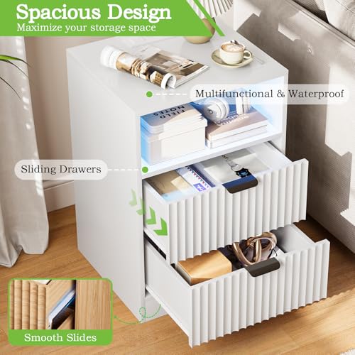 Image of White Night Stand Set 2, LED Nightstand with Charging Station, Fluted Nightstands Set of 2 with 2 Drawers, Wood Side Table End & Bedside Tables for Bedroom Sofa Office