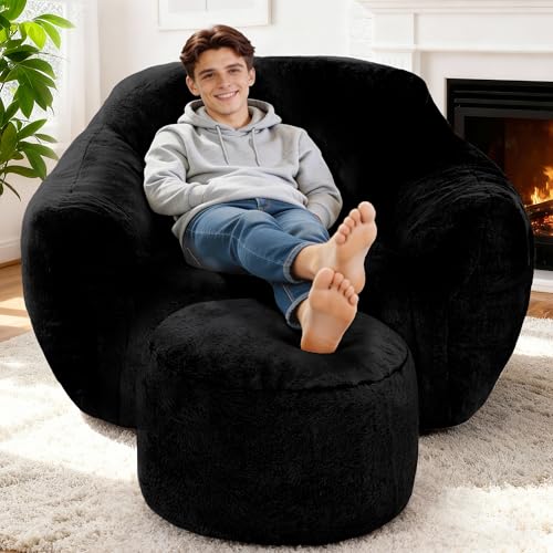 Image of Homguava Giant Bean Bag Chairs for Adults,Large Bean Bag Couch with Ottoman | Big Beanbag Chair with Memory Foam Filled,Oversized Bean Bag Sofa,Faux Fur Floor Sofa Chair for Bedroom Living Room-Black