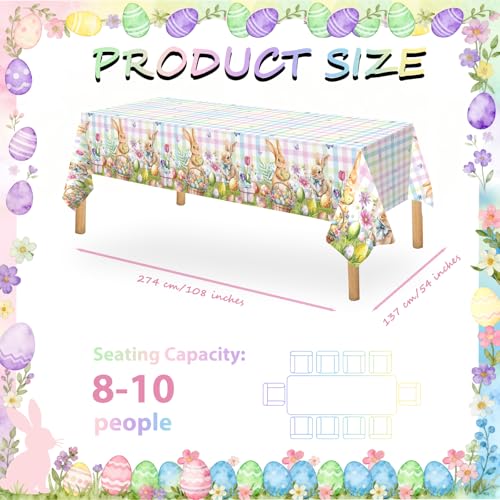 Image of OQOQ Plaid Pastel Easter Tablecloth (2 Packs) -108x54 inches Spring Easter Table Cloth Colourful Happy Bunny Disposable Waterproof Table Cover for Party Decoration Picnic Dinning Home Decor