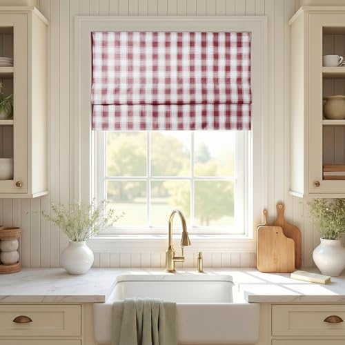 Image of TWOPAGES No Drill Cordless Buffalo Check Roman Shades Roman Blinds for Kitchen Windows, Customized Room Darkening Country Plaid Blinds Farmhouse Shades, Red Bordered Plaid, 1 Piece
