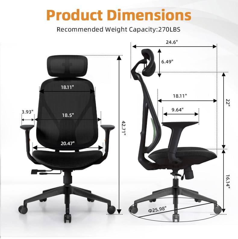 Miniatura 3 de Silla de oficina de malla, silla de oficina ergonómica con soporte lumbar, reposacabezas ajustable 3D y cojín de asiento suave deslizante, soporta