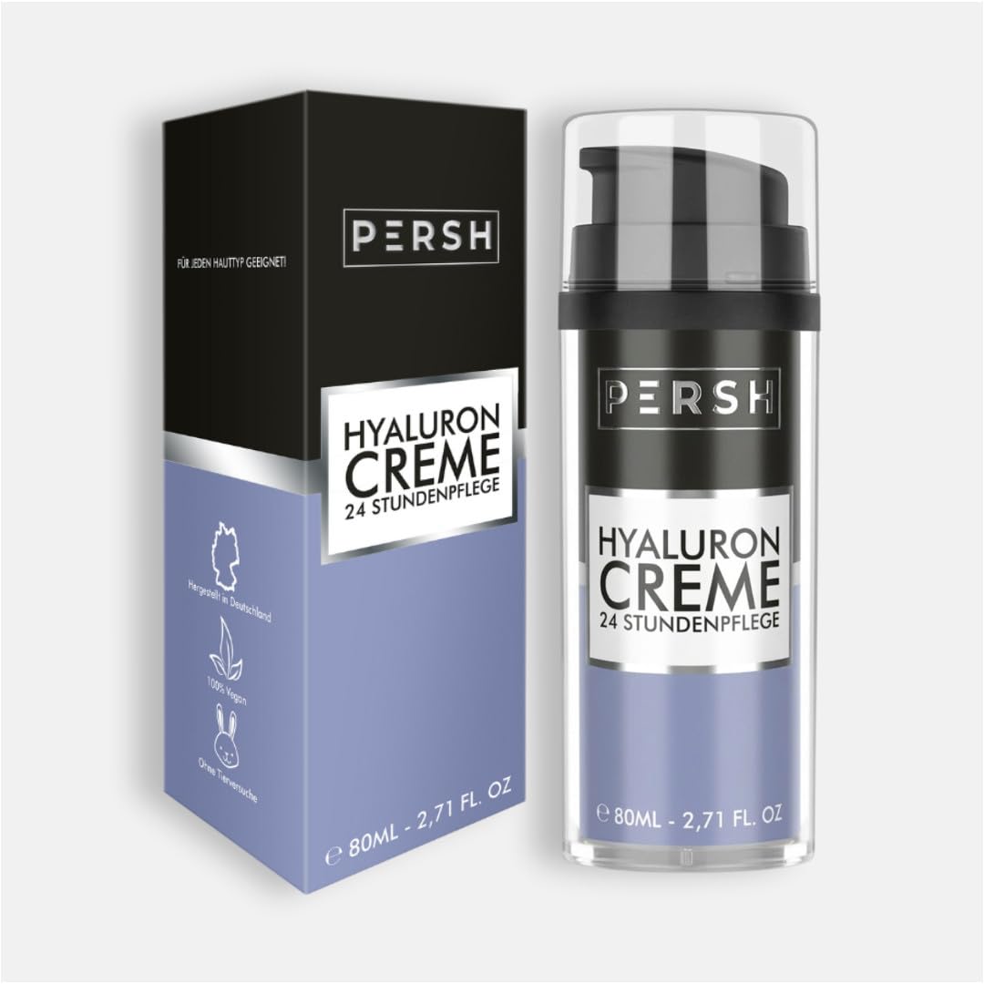 PERSH Hyaluron Creme 80ml - Feuchtigkeitsspendende Anti-Aging Creme | Hyaluronsäure für frische, glatte Haut | Pflege für Gesicht, Augen, Hals & Dekolleté | Vegan