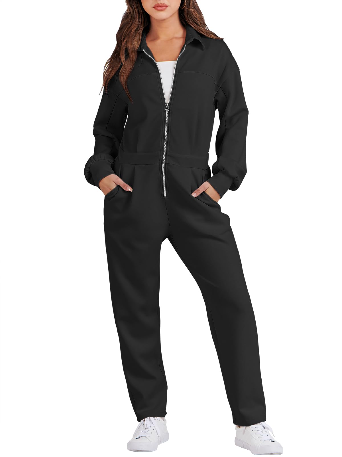 ANRABESS Women's Casual Loose Long Sleeve Fall Jumpsuits Zip-up Long Pants One Piece Outfit Romper with Pockets