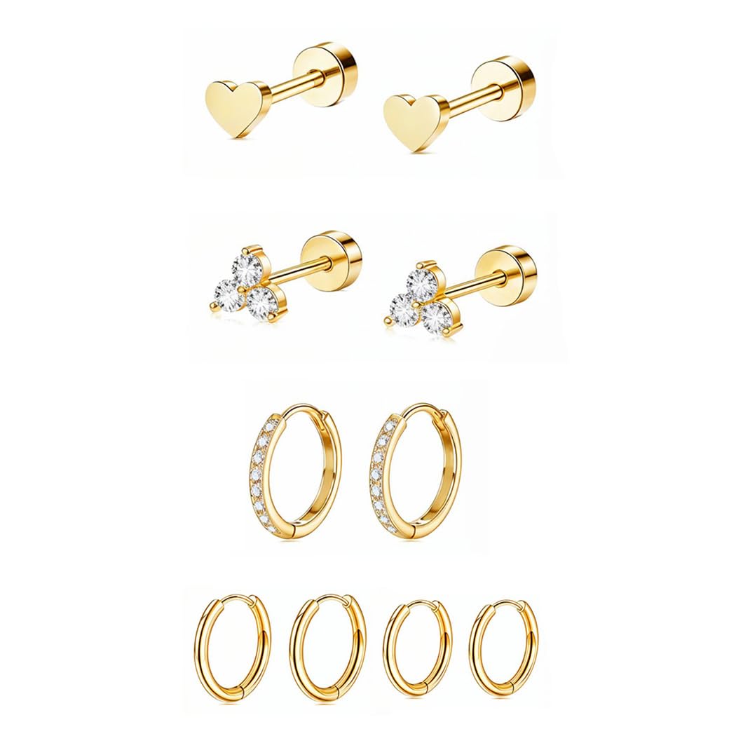 SANNIDHI® 5 Pairs Earrings Set for Women Girls Stylish Hypoallergenic Surgical Gold Flat Back Stud Earring Hoop Earrings Stainless Steel Cartilage Earrings Gifts Earring Combo for Multiple Piercing