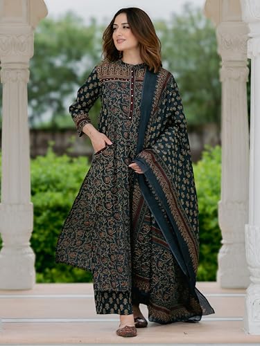 Image of Arayna Women's Cotton Printed Kurta Set with Palazzo Pants and Dupatta | Ethnic Straight Kurta