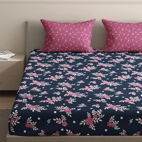 Image of Wakefit Cotton Fitted Bedsheet | 200 TC Elastic Solid Fitted Sheet, King Bed Bedsheet with 2 Pillow Covers | Paula - 84X72 Inches,Multicolor