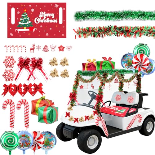 Muouakate 44 Pcs Christmas Parade Golf Cart Decorations Kit With Golf Cart Seat Covers Christmas Wreath Candy Cane Balloon Bow Red Green White Tinsel Garland For Christma'S Car Floats Parade Holiday
